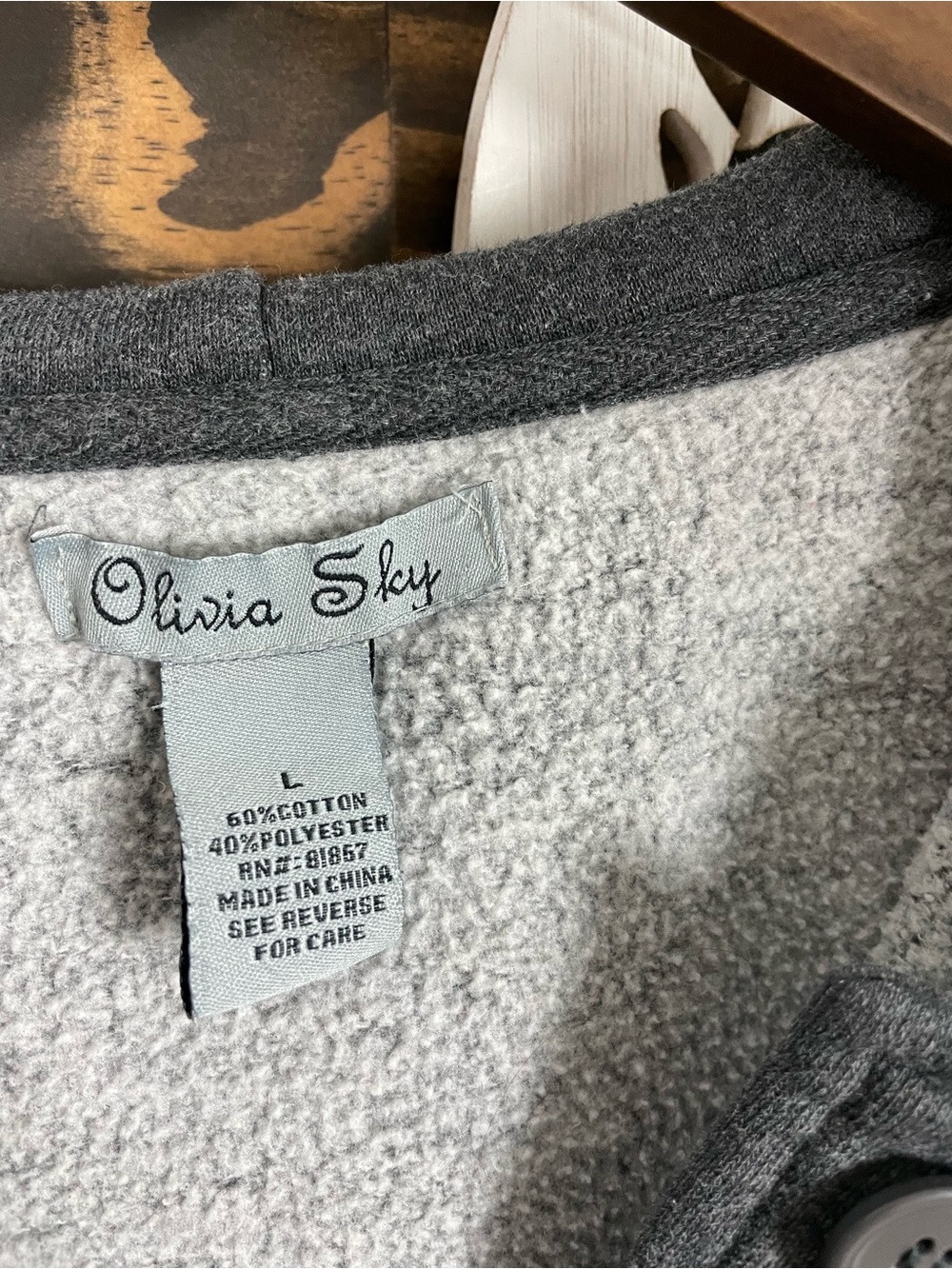 Olivia Sky | Fleece Lined Gray Hooded Drawstring Button-Front Mid Length Jacket - Picture 5 of 5